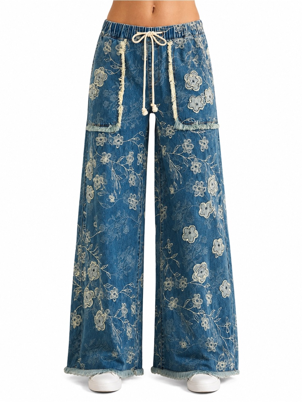 Blue Floral Wide-Leg Denim Pants with Drawstring Waist